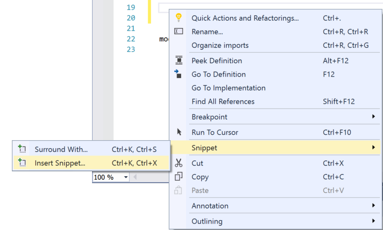 Snippet de código no Visual Studio