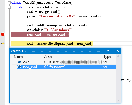 Captura de tela que mostra a saída de depuração para um teste de unidade do Python no Visual Studio.