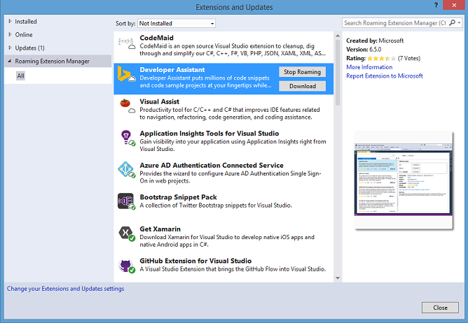 Novo Gerenciador de Extensões de Roaming no Visual Studio IDE