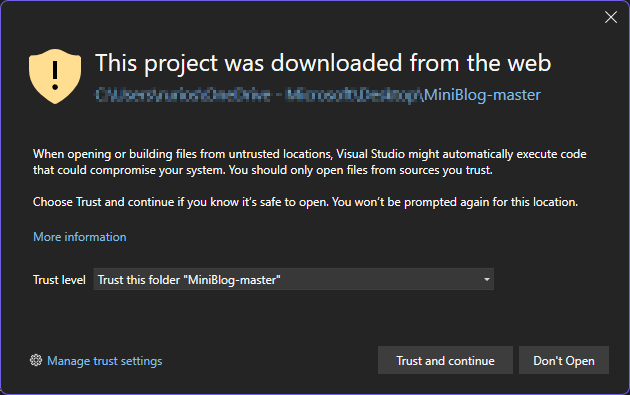 Alerta de diálogo de confiança sobre os riscos de segurança de abrir downloads da Web dentro do Visual Studio