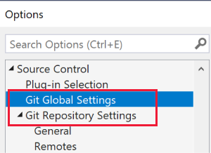 O painel de navegação na caixa de diálogo Opções com um texto explicativo para as configurações do Git.