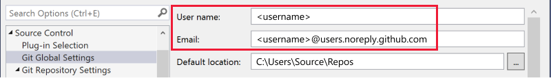 Painel de Configurações Globais do Git na caixa de diálogo Opções com um texto explicativo para nome de usuário e um email.