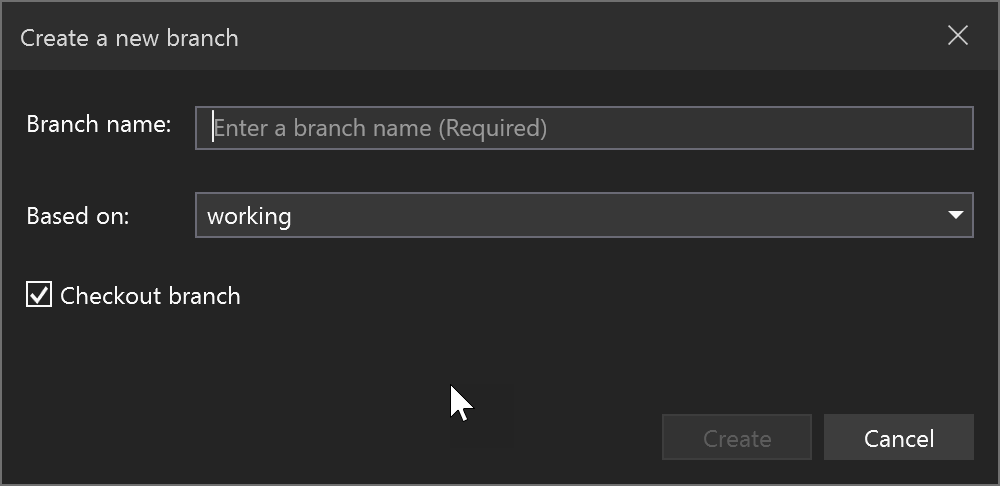 Captura de tela da caixa de diálogo Criar um Branch.