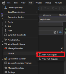 O menu de nível superior do Git com o GitHub selecionado e o texto 'Nova pull request' realçado no Visual Studio 2022.