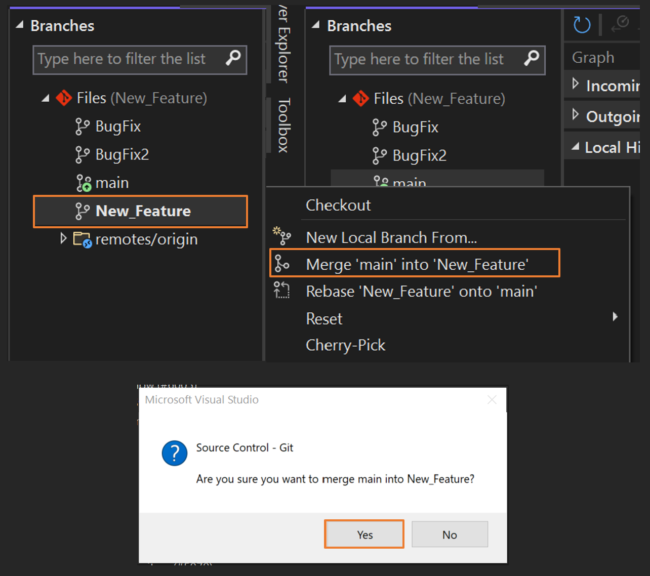 Captura de tela da mesclagem de branches no Visual Studio.