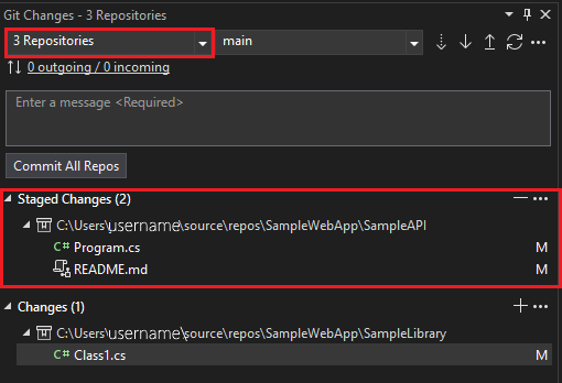 Captura de tela da janela Alterações do Git que acompanha as alterações no seu trabalho.