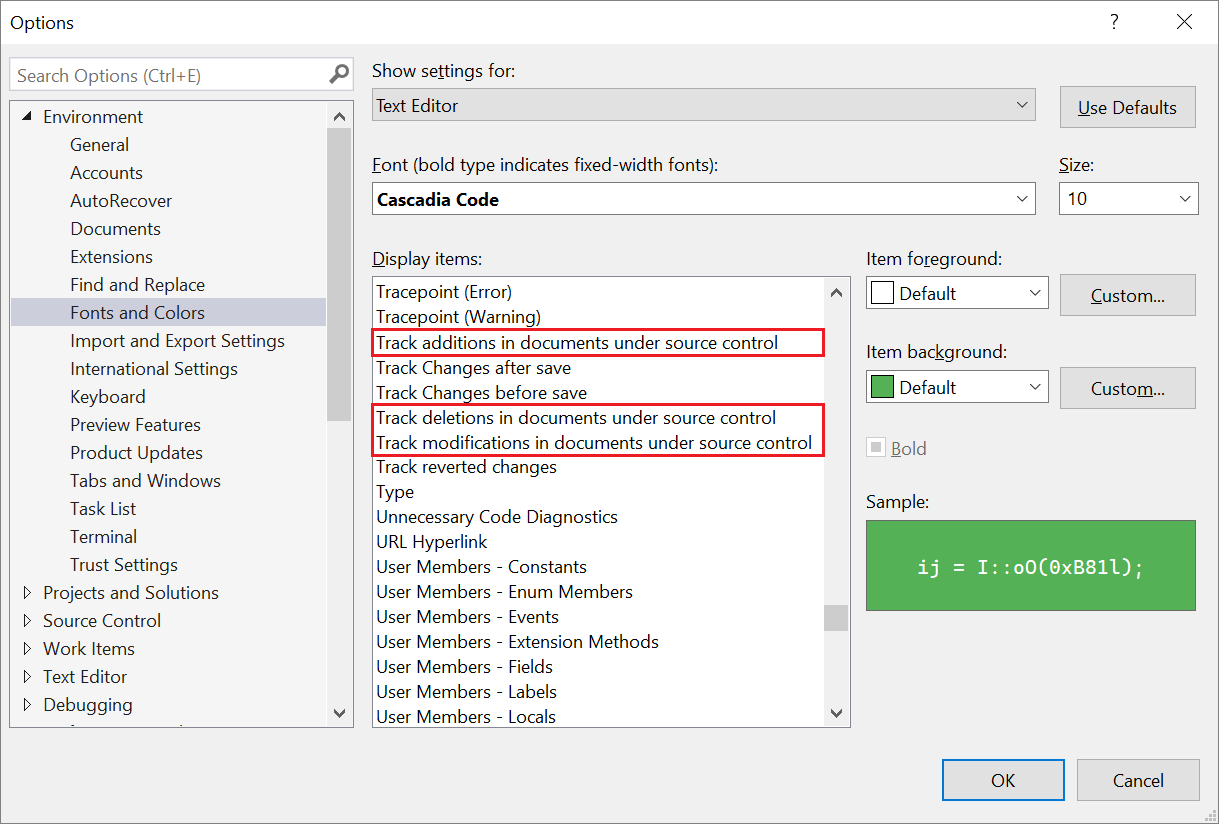 Captura de tela da caixa de diálogo Opções em que é possível alterar as cores que o Visual Studio usa para o controle do código-fonte.