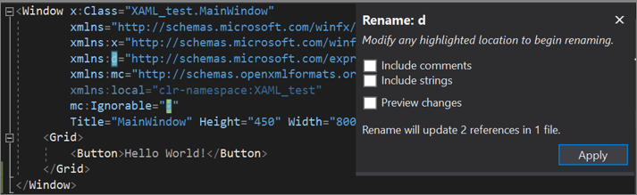 A opção Renomear namespace do editor de código XAML ao clicar com o botão direito no menu de contexto