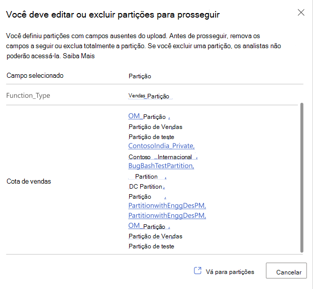 Captura de ecrã a mostrar um erro de partições com campos em falta num carregamento. Contém uma tabela com colunas Campo selecionado e Partição.