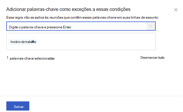 Captura de tela que mostra o painel palavra-chave exceção no construtor de regras de métrica.