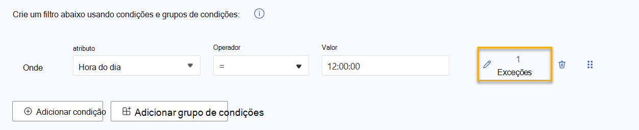 Captura de tela que mostra um filtro com o link de 1 exceções realçado.