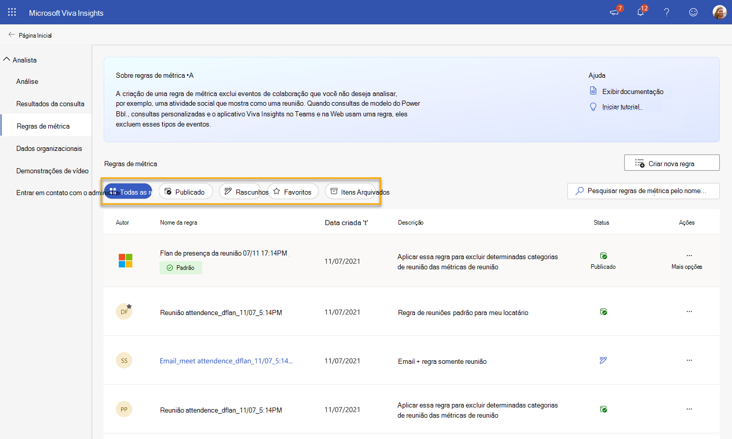 Captura de tela que mostra a página Regras de Métrica no aplicativo de insights avançados, com os quatro botões de exibição realçados acima da lista de regras.