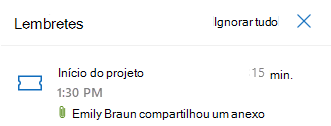 Captura de ecrã a mostrar um lembrete de reunião.