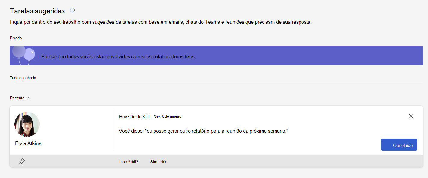 Captura de ecrã da secção Tarefas sugeridas do separador Produtividade da aplicação Viva Insights, que mostra todas as tarefas de contactos afixadas concluídas e uma outra tarefa pendente.