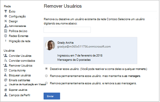 Captura de ecrã a mostrar como desativar um utilizador no Viva Engage.