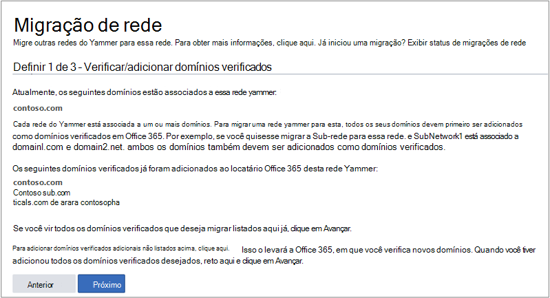 Captura de ecrã do Passo 1 de 3: Verificar/Adicionar Domínios Verificados antes de migrar uma rede Viva Engage.