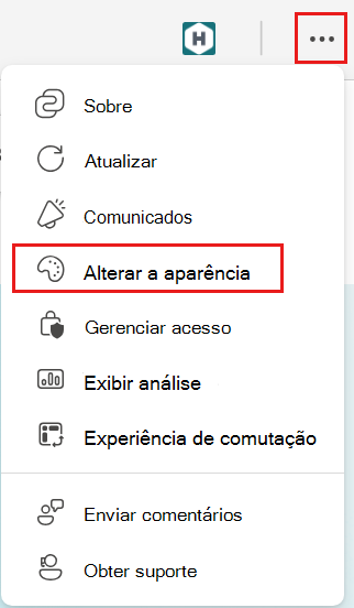 Captura de ecrã do menu de definições aberto com a opção Alterar o aspeto realçada.