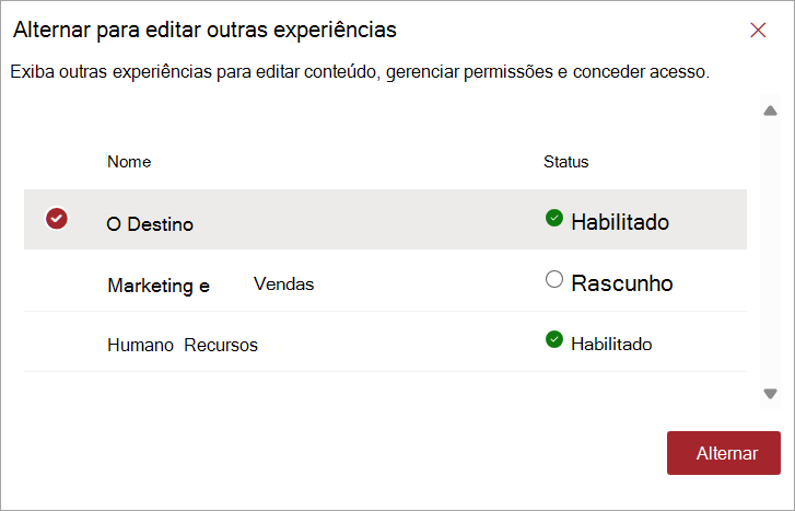 Captura de ecrã a mostrar três experiências disponíveis e os respetivos status.