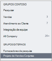 Captura de ecrã a mostrar a barra de navegação Viva Engage com uma secção De Grupos Externos.