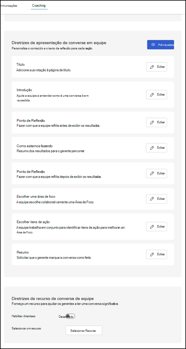 Captura de tela da página de configuração do Coaching com Conversas de Equipe habilitadas.