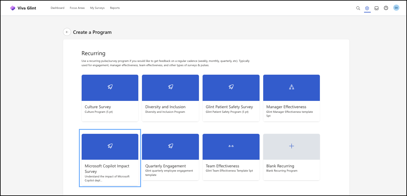 Captura de ecrã a mostrar os modelos de programa Periódicos disponíveis no Viva Glint.