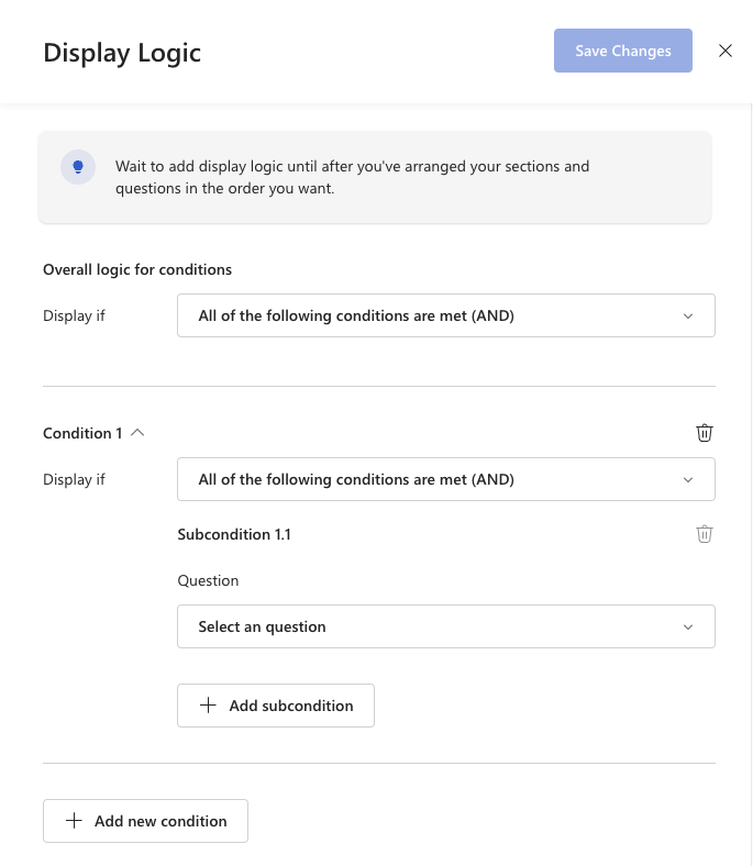 Captura de ecrã do painel de configuração da lógica de apresentação.