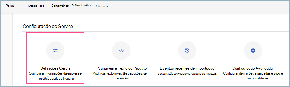 Captura de ecrã a mostrar como aceder às Definições Gerais a partir do dashboard de administração.