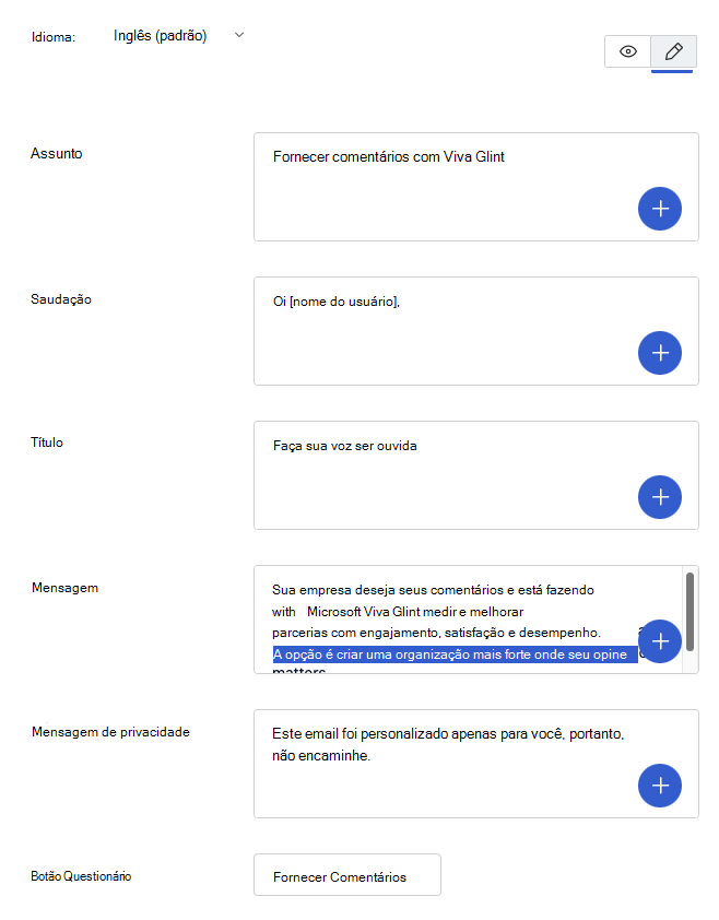 Captura de ecrã das secções de e-mail do inquérito editável no Viva Glint.