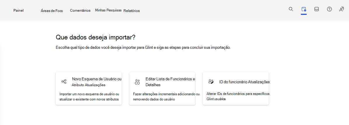 Captura de ecrã do ecrã de seleção de opções de importação, incluindo a opção Novo Esquema de Utilizador ou Atributo Atualizações.