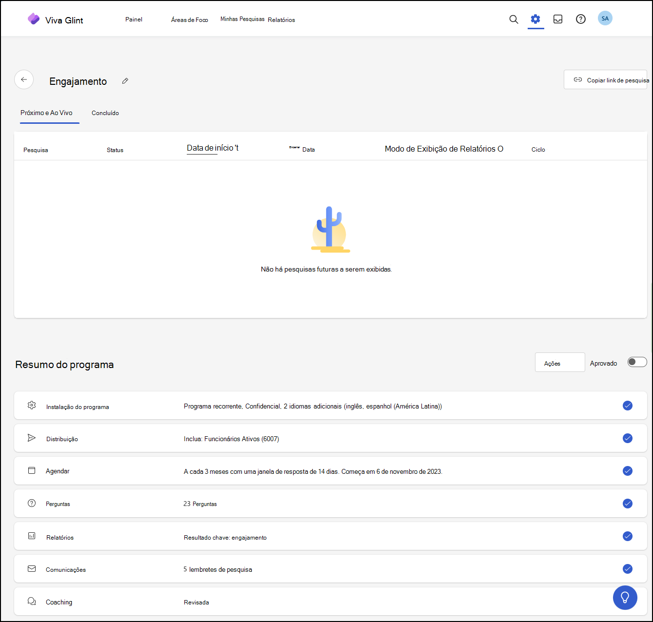 Captura de ecrã a mostrar um Resumo do Programa concluído. É apresentada uma marca de verificação à direita de cada linha.