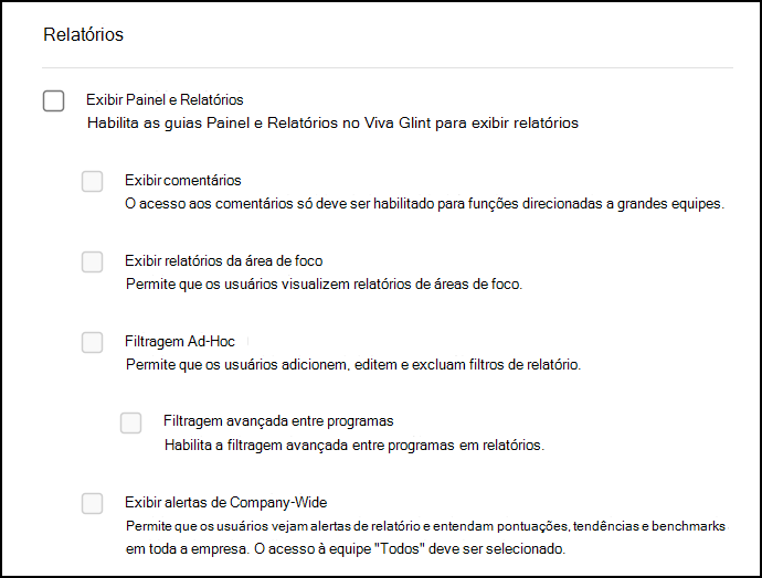 Captura de ecrã da secção Relatórios em Permissões e Acesso.