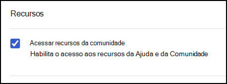 Captura de ecrã da secção Recursos em Permissões e Acesso.