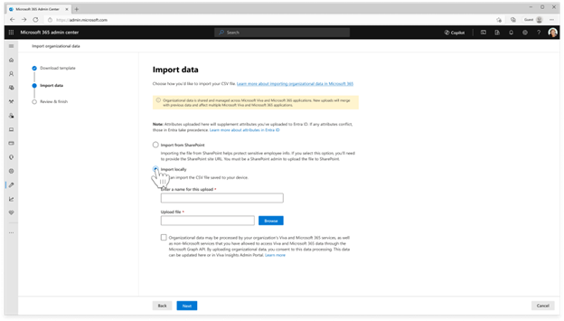 Uma captura de ecrã mostra a opção de importação local. 