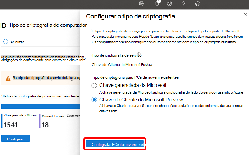 Captura de ecrã do botão Encriptar PCs na Cloud existentes.