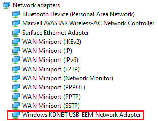 Captura de tela do Gerenciador de Dispositivos exibindo o nó de rede com uma entrada de adaptador de rede KDNET USB-EEM do Windows.