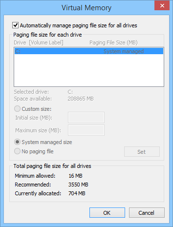 Captura de tela da caixa de diálogo Memória Virtual nas configurações do Windows.