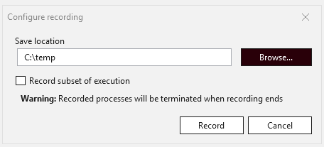 Captura de tela do WinDbg exibindo a caixa de diálogo Configurar Gravação com o caminho definido como c: temp.