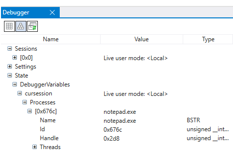 Captura de tela da janela Gerenciador de modelos de dados com sessões de objeto de depuração no WinDbg.