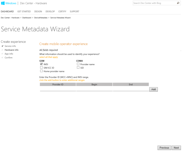 Captura de tela da etapa Informações do Hardware no Assistente de Metadados do Serviço.