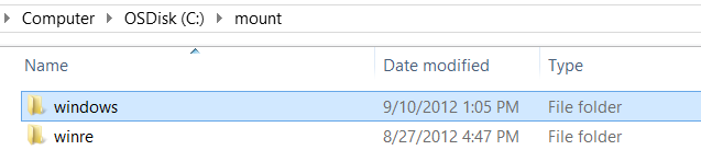 Windows Explorer com o diretório Mount da unidade C contendo subdiretórios windows e winre