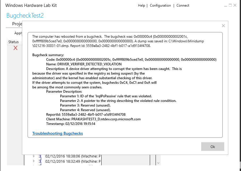 caixa de diálogo de informações de resumo da verificação de bugs de exemplo