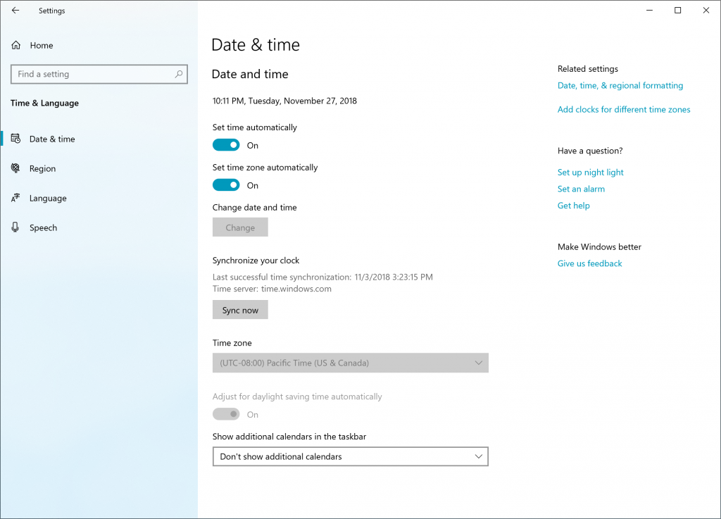 Opção para sincronizar seu relógio em Configurações.