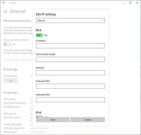 Mostrando as configurações de ethernet aprimoradas.