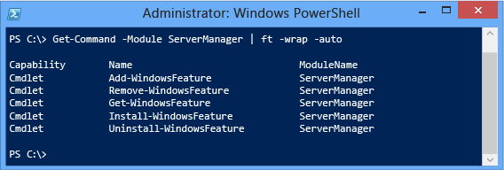 Captura de tela de uma janela de terminal que mostra onde encontrar o cmdlet Install-WindowsFeature.