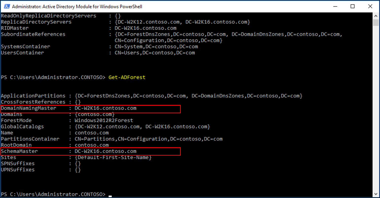 Captura de tela da janela Módulo do Active Directory para Windows PowerShell que mostra os resultados do cmdlet Get-ADForest com os valores Mestre de Nomeação de Domínio e Mestre de Esquema em destaque.