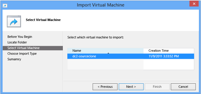 Captura de tela que mostra como selecionar qual VM importar.