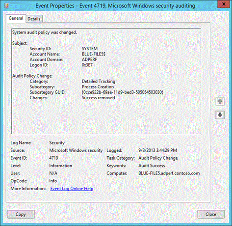 Screenshot that shows the Include command line in process creation events dialog box.