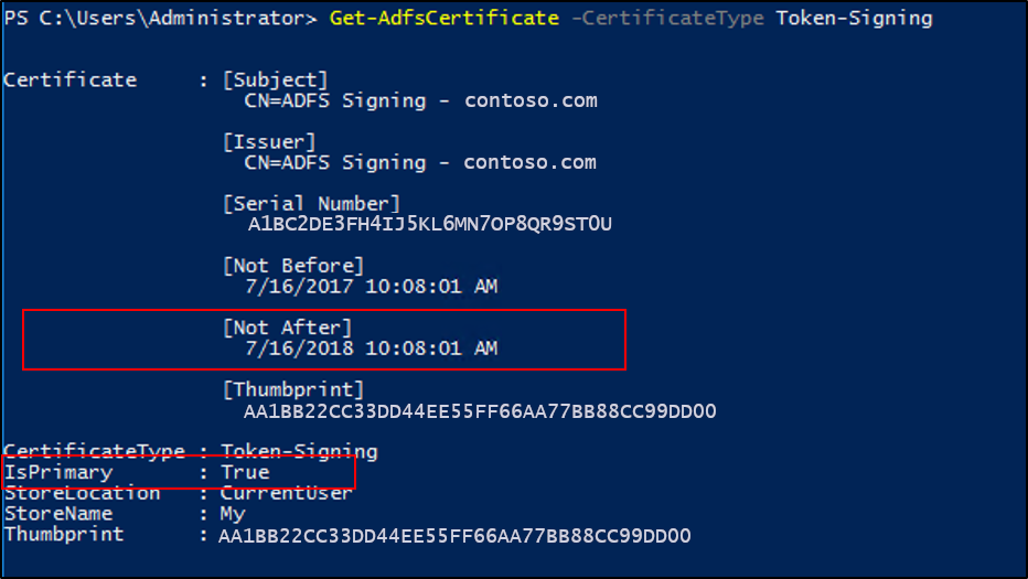 Captura de tela da janela do PowerShell, realçando as propriedades Não após a data e É primário.