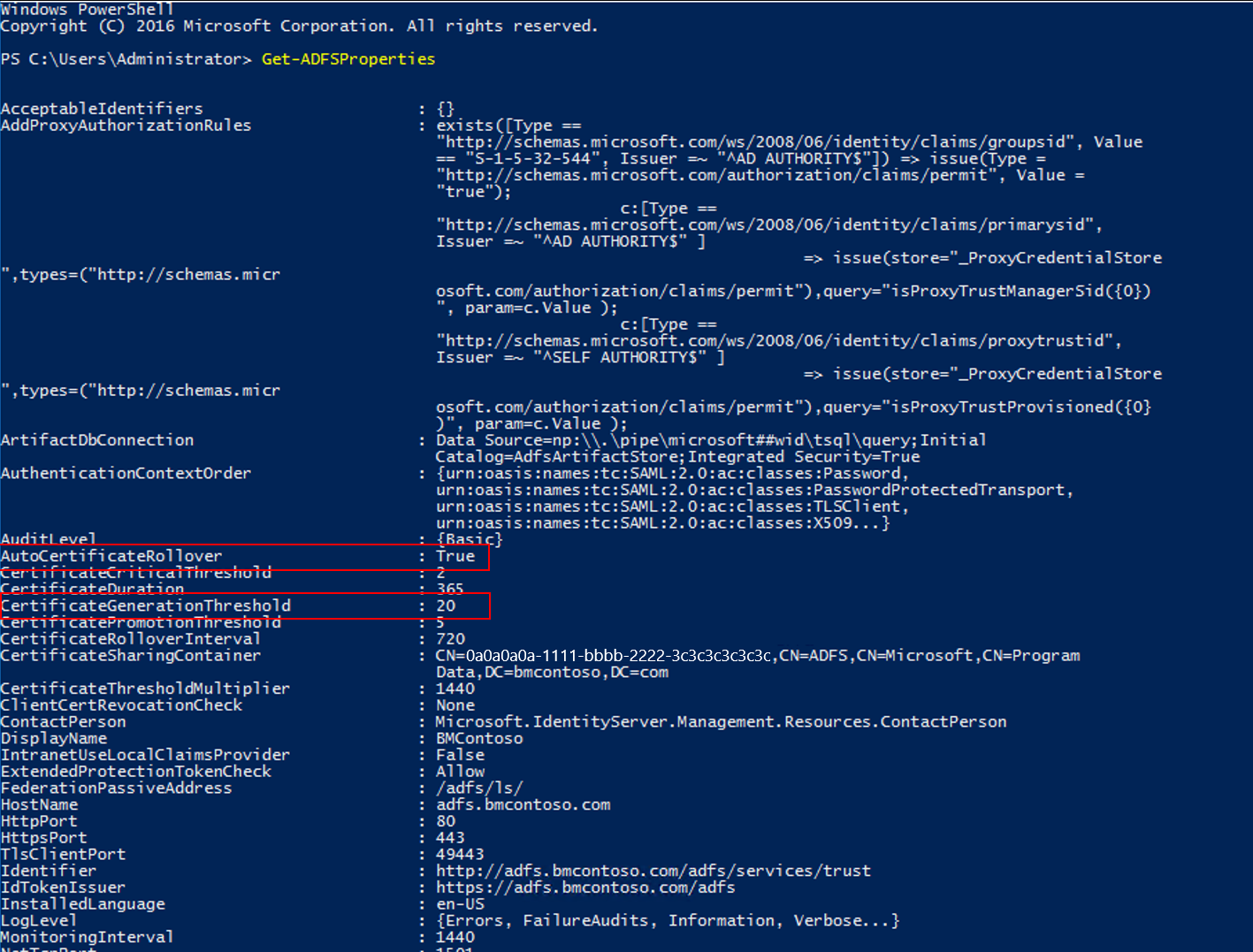 Captura de tela da janela do PowerShell, realçando os valores AutoCertificateRollover e CertificateGenerationThreshold.