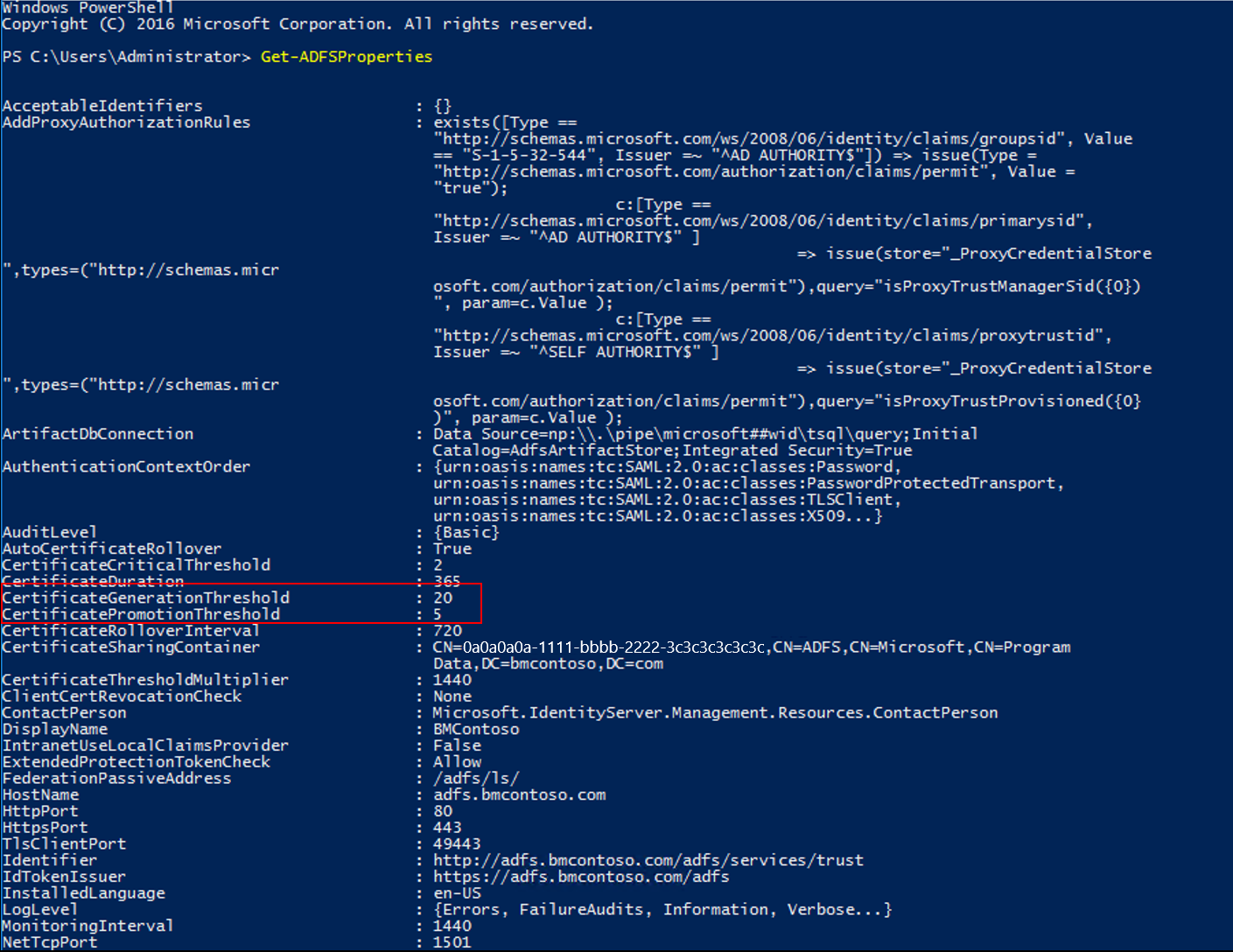 Captura de tela da janela do PowerShell, realçando os valores CertificateGenerationThreshold e CertificatePromotionThreshhold.